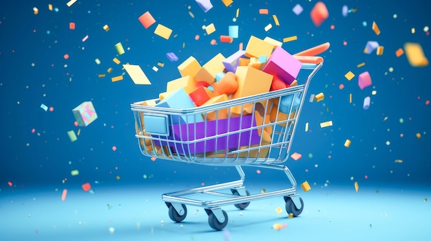 Shopping cart full of colorful gift boxes on blue background with confetti Black Friday