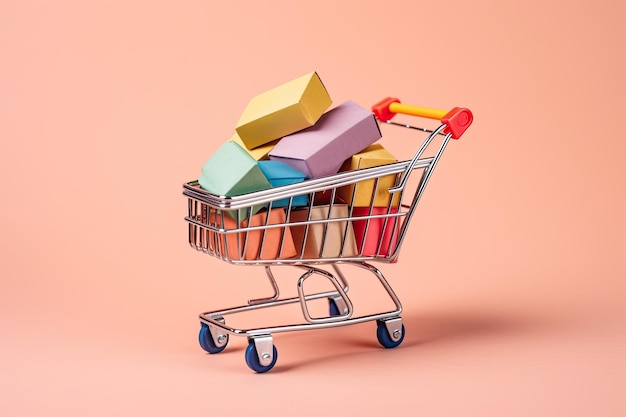 Shopping cart full of colorful gift boxes on pastel pink background Mini shopping cart with shopping bags and boxes AI Generated