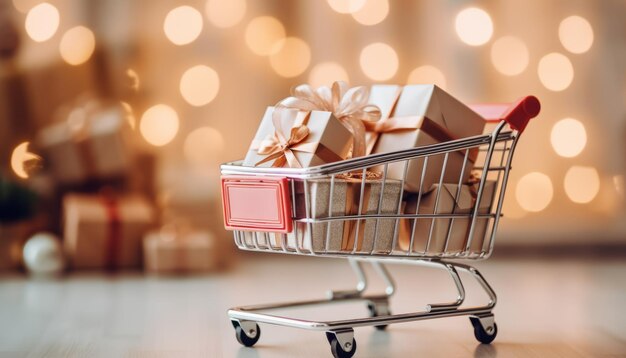 Shopping cart full of elegant presents minimalist style