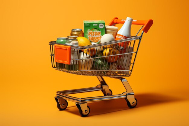 Shopping cart full of food in the supermarket