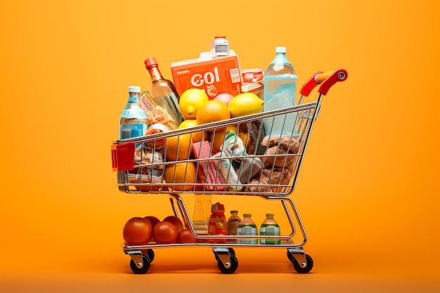 Shopping cart full of food in the supermarket