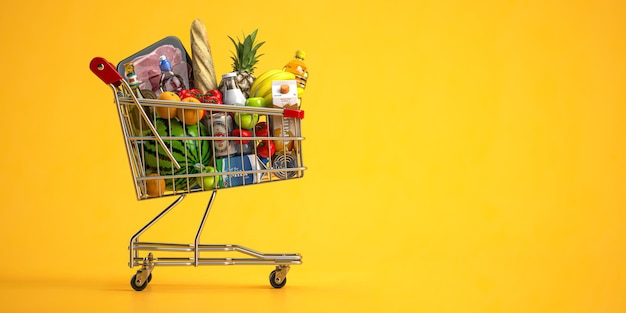 Photo shopping cart full of food on yellow background grocery and food store concept