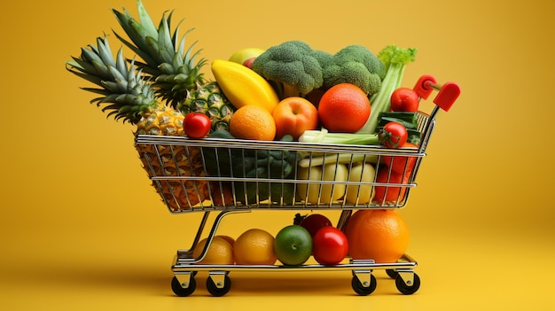 Shopping cart full of food on yellow background Grocery and food store concept