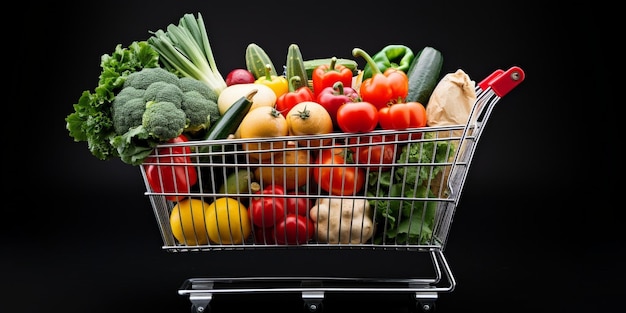 Shopping cart full of fresh groceries grocery shopping concept Isolated on white ba Generative AI