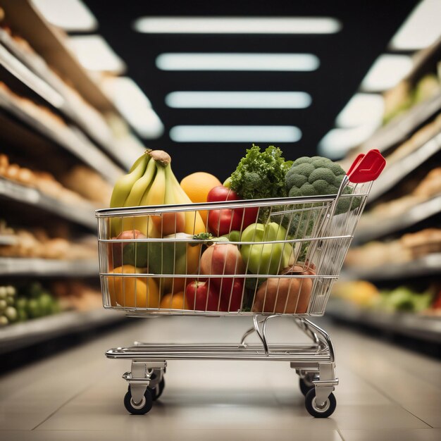 A shopping cart full of fresh groceries