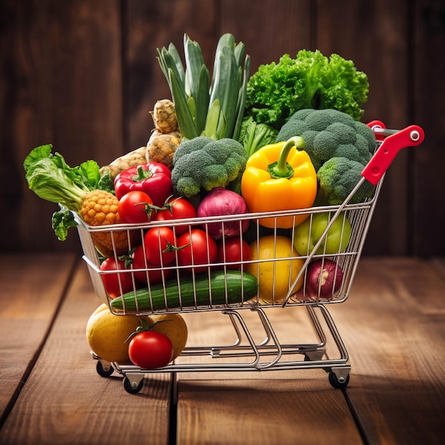 Shopping cart full of fresh vegetables on wooden background Healthy food concept