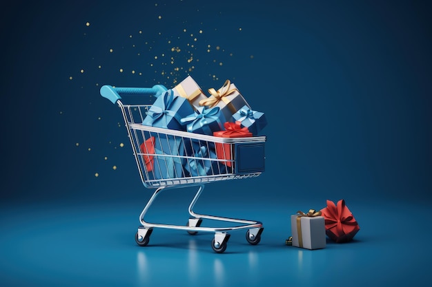 Shopping cart full of gift boxes isolated on blue background AI