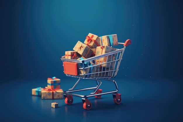 Shopping cart full of gift boxes isolated on blue background AI