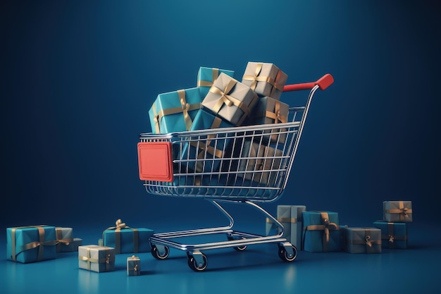 Shopping cart full of gift boxes isolated on blue background AI