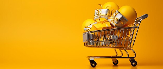 Shopping cart full of gifts on yellow background sale banner black friday sale cyber monday sale generative ai