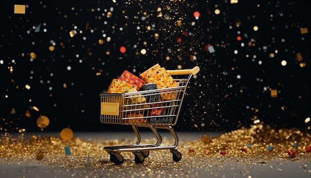 A shopping cart full of gold confetti and a black background with a gold glittery background.