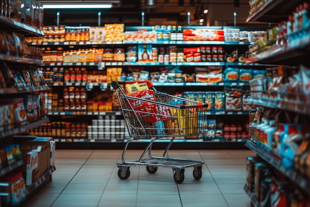 Shopping cart full of groceries in a supermarket with AI generated