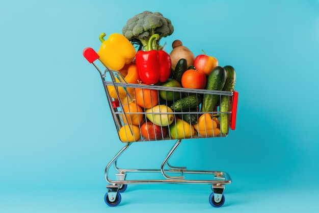 Shopping cart full of groceries with blur supermarket background modern white scene