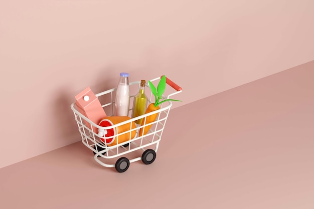 Shopping cart full of healthy food on pink background Grocery and food store concept 3d rendering illustration