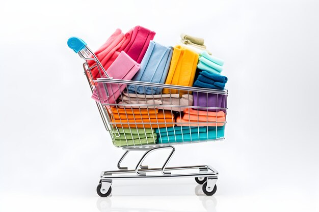 A shopping cart full of towels with the word bath towels on it