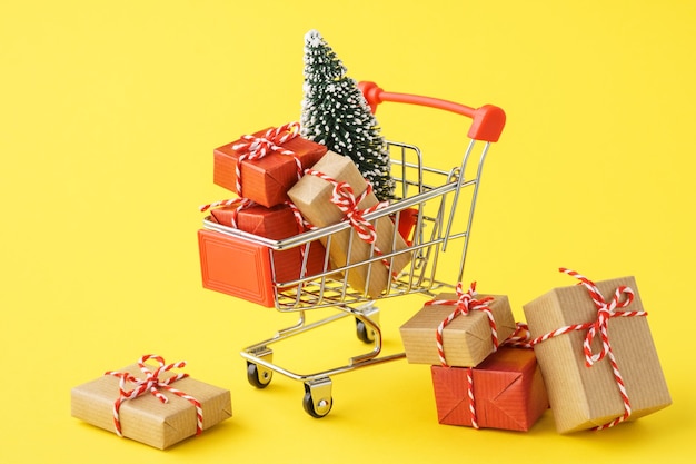 Shopping cart full of various gift boxes