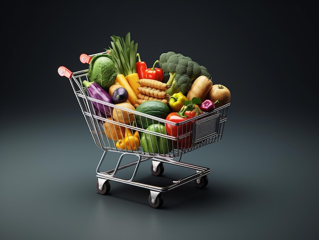 Shopping cart full of vegetables 3d illustration of shopping concept