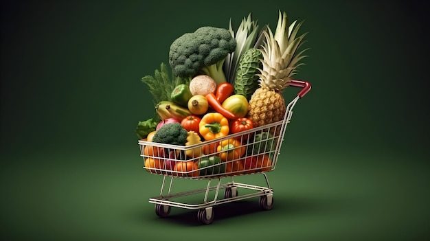 shopping cart full of vegetables on green background