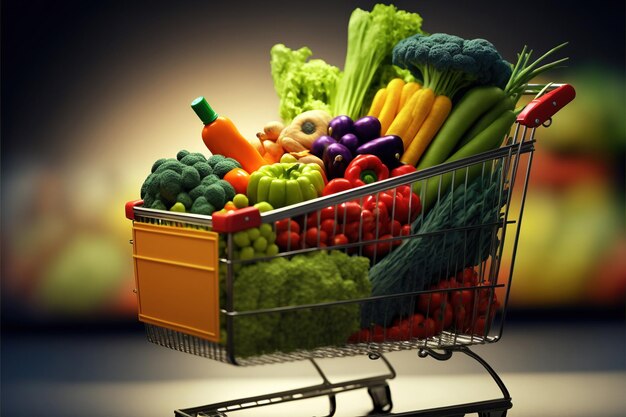 A shopping cart full of vegetables including carrots, broccoli, and other vegetables.