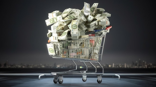 shopping cart full with bills on background