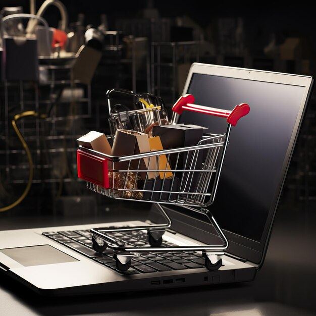 Carrello della spesa pieno di oggetti vuoti su un computer portatile in stile grigio scuro e crimson