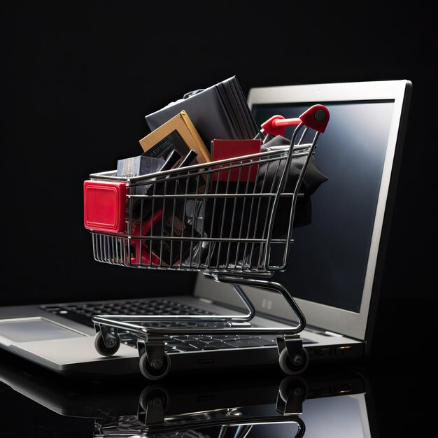 Photo shopping cart full with empty items on a laptop computer in the style of dark gray and crimson