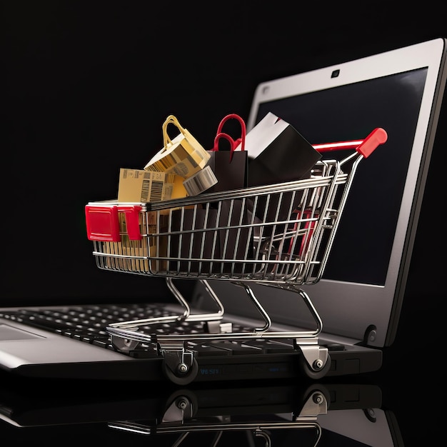 shopping cart full with empty items on a laptop computer in the style of dark gray and crimson