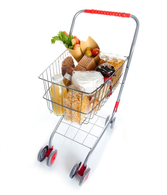 Shopping cart full with food products