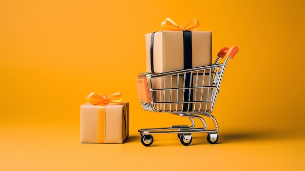 A shopping cart full of wrapped presents