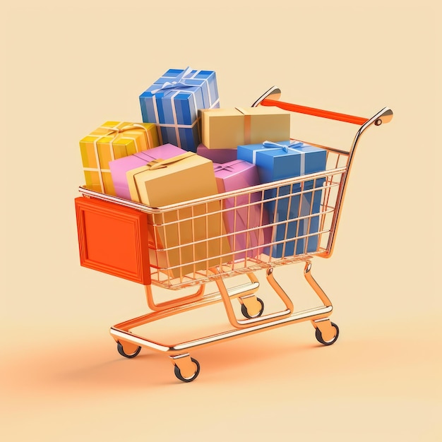 Shopping cart and gift box background 3D rendering