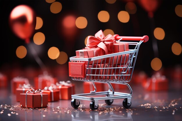 Shopping cart and gift box in valentine theme