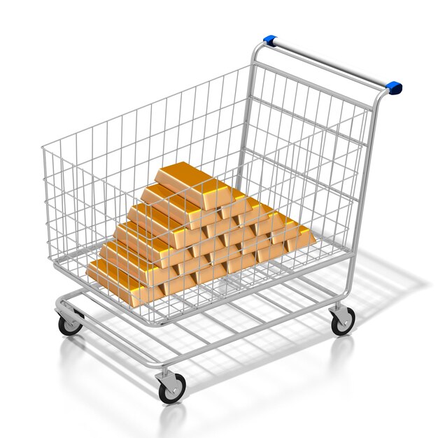 Shopping cart and gold ingots 3D illustration