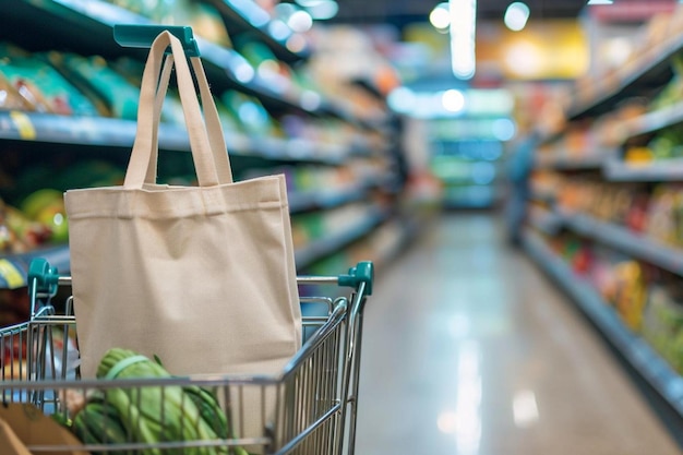 a shopping cart in a grocery store aisle