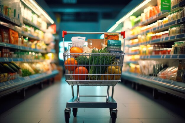 Shopping cart in grocery store full of fruits and vegetables Generative AI