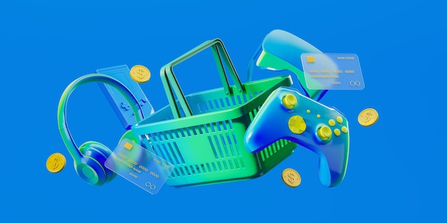 Фото Коляска для покупок с джойстиком, банковской картой, наушниками и долларовыми монетами концепция продажи видеоигр 3d-рендеринг