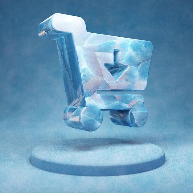 Photo shopping cart icon. cracked blue ice shopping cart symbol on blue snow podium. social media icon for website, presentation, design template element. 3d render.