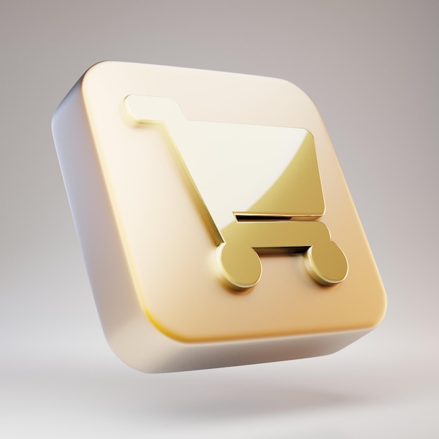 Значок корзины покупок. Золотой символ корзины покупок на матовой золотой пластине. 3D визуализации значок социальных сетей.