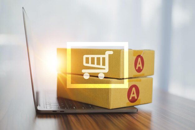 Photo shopping cart icon on laptop online shopping concept