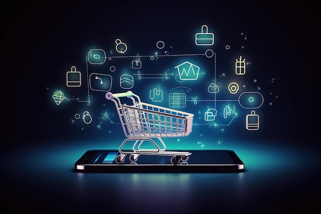 Shopping cart illustration ecommerce and business concept background Generative AI