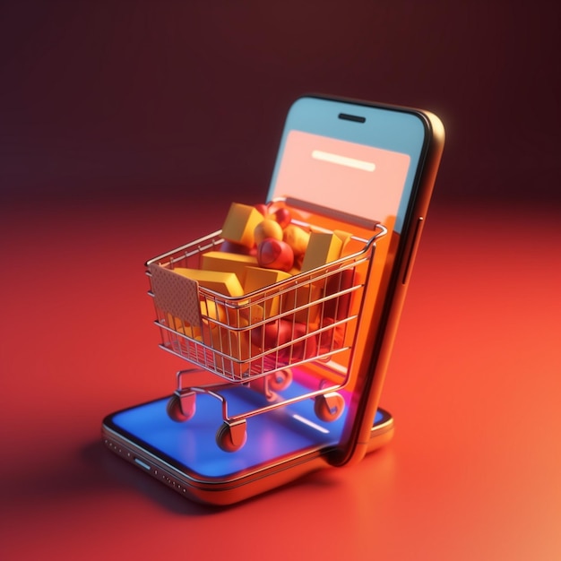 A shopping cart is being loaded with apples and a blue cell phone.