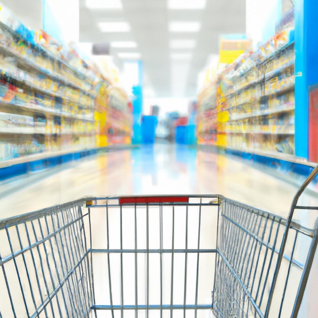 A shopping cart is in a grocery store aisle.