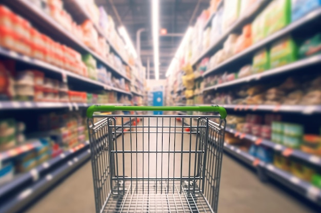 A shopping cart is in a grocery store aisle.