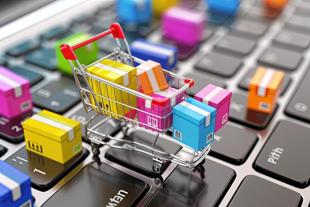 A shopping cart is on top of a computer keyboard