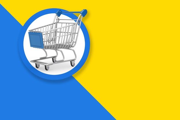 shopping cart label tag with free space for your design on a yellow and blue background 3d rendering