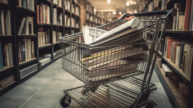 A shopping cart in a library with a stack of magazines.