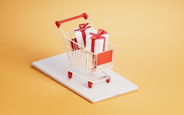 Shopping cart on the mobile phone 3d rendering