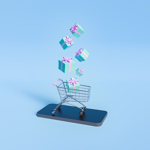 Carrello della spesa su un telefono cellulare con doni che cadono al suo interno. concetto minimo di shopping online. rendering 3d