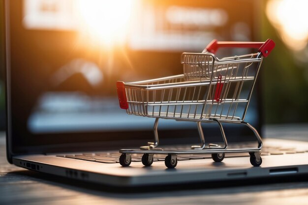 shopping cart model and laptop online business and ecommerce concept