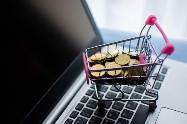 Photo shopping cart and money coin on computer, shopping online concept.