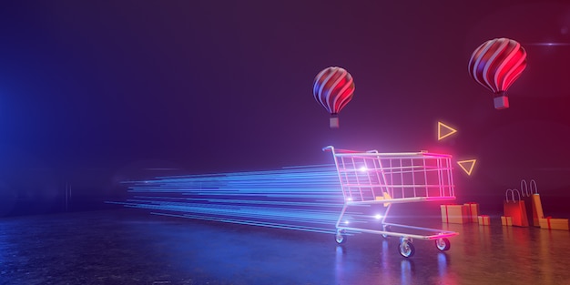 A shopping cart moves at the speed of light on a backdrop with balloons and gift boxes. All live in a futuristic atmosphere. 3D render.